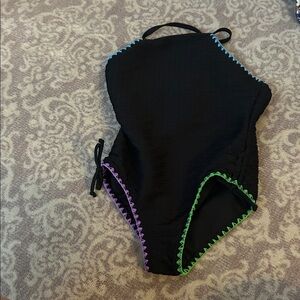 Kids Black Swimsuit with Colorful Trim